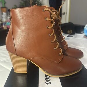 Weeboo Cognac Brown Faux  Up Chunky Heel Boots
